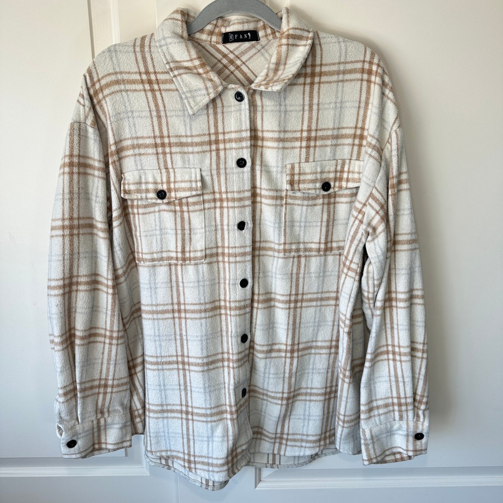 EFAN Plaid Shirt Shacket Oversized Long Sleeve Button Up Cream Neutral Womens L‎